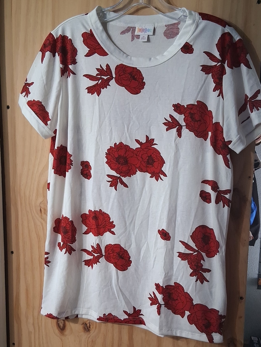 LuLaRoe White Short Sleeve Tee with Red Floral Print